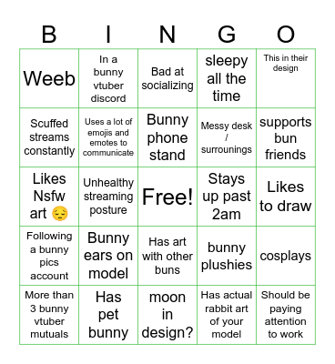 Bunny vtuber Bingo Card