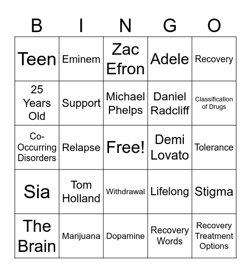 Recovery Month Bingo Card