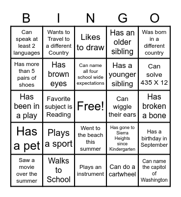 Classroom Bingo Card