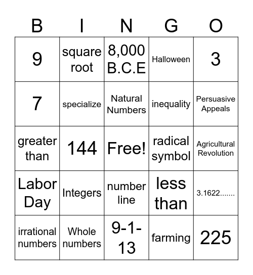 Math Bingo 9/1/23 Bingo Card