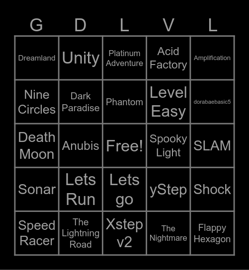 Geometry Dash Level Pick Bingo Card