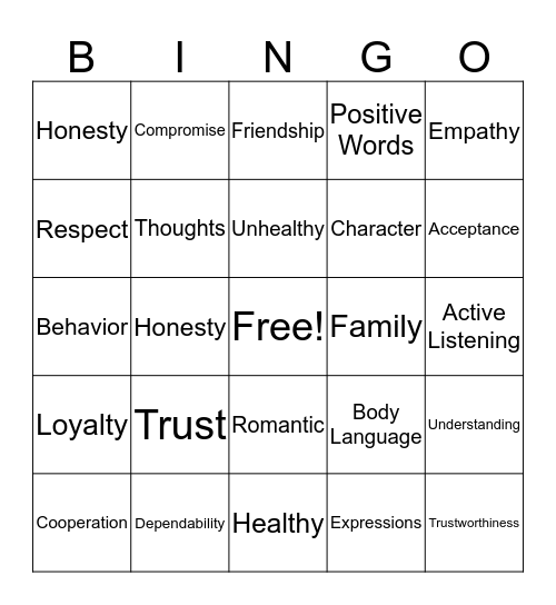 RELATIONSHIPS Bingo Card