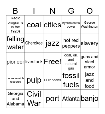 Social Studies - The Southeast Region Bingo Card