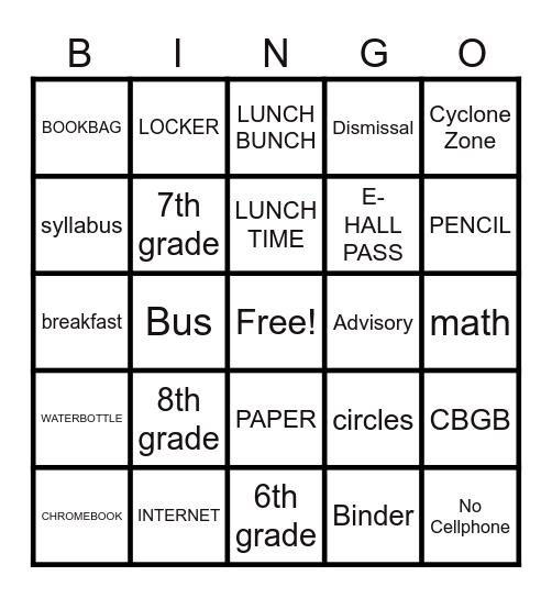 First week of School Bingo Card