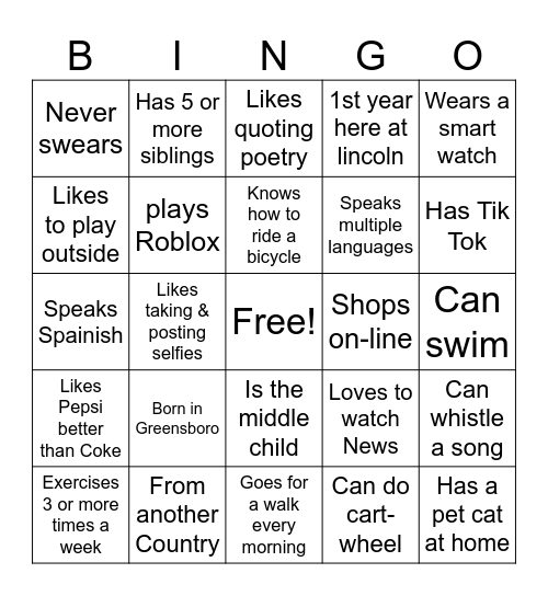 Get To Know You Bingo Card