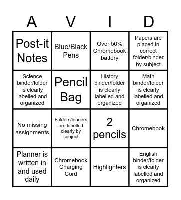 Materials & Binder Check "AVID" Bingo Card