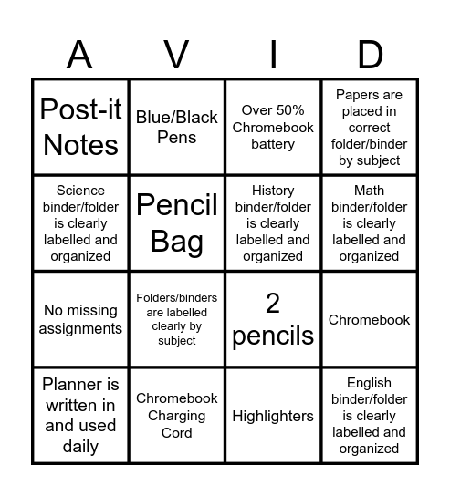 Materials & Binder Check "AVID" Bingo Card