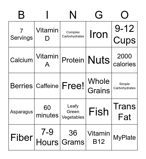 Nutrition Bingo Card