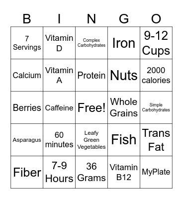 Nutrition Bingo Card