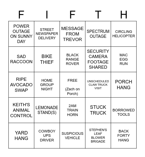 Fifth Terrace Bingo Card Bingo Card