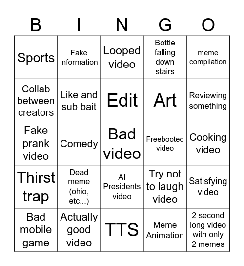 Youtube short bingo Card