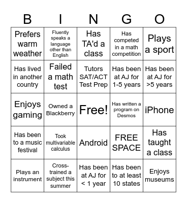 PreCalc/Calc August 2023 Meeting Bingo Card