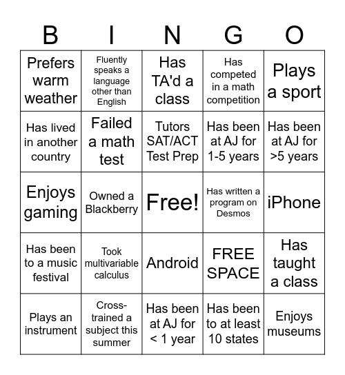 PreCalc/Calc August 2023 Meeting Bingo Card