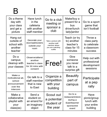 EFHS STAFF BINGO CHALENGE Bingo Card