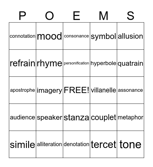 Poetry Review Bingo Card