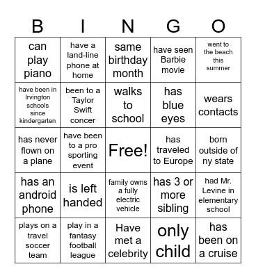 Getting to know you BINGO Card