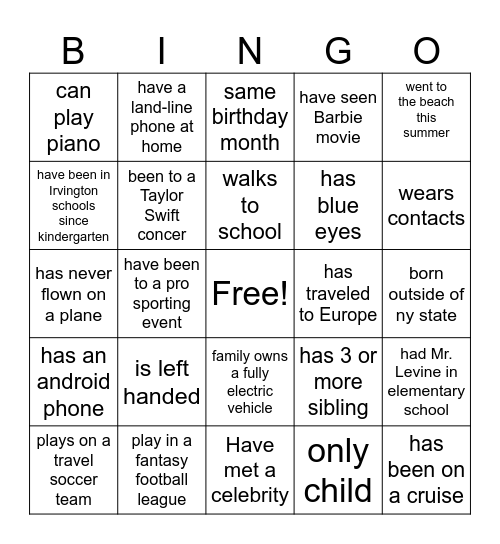 Getting to know you BINGO Card