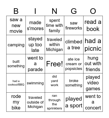 Summer Adventures Bingo Card