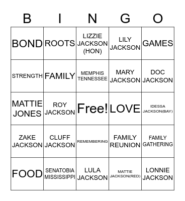 Jackson, Jones, McKinney Family Reunion Bingo Card