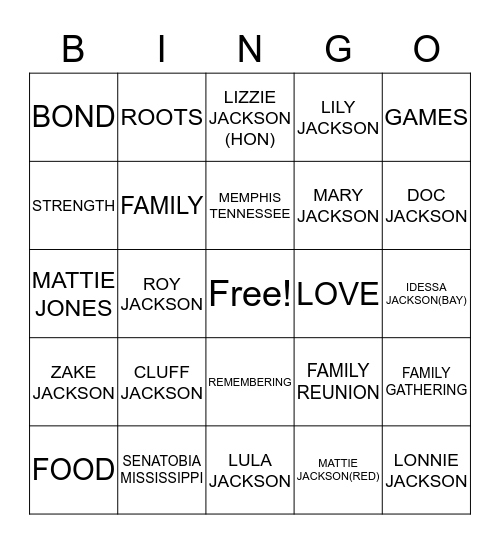 Jackson, Jones, McKinney Family Reunion Bingo Card