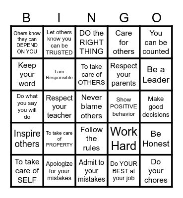 RESPONSIBILITY Bingo Card