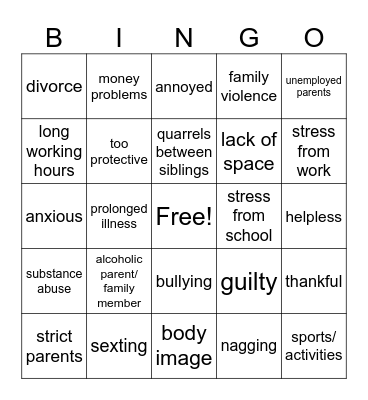 Family/ Teen problems Bingo Card