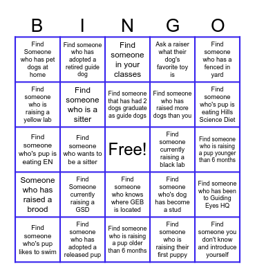 Guiding Eyes Bingo Card