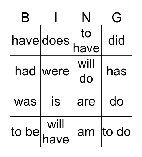 Irregular Verb Bingo Card