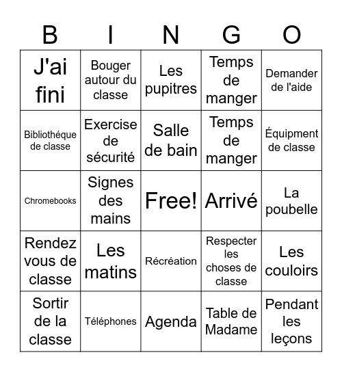 Les Attentes de Classe Bingo Card
