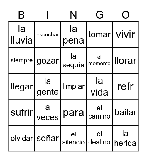 Vivir Mi vida Bingo Card