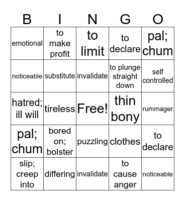 Katherine Fitzharris 8J Bingo Card