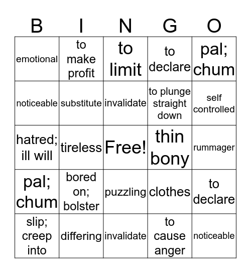 Katherine Fitzharris 8J Bingo Card