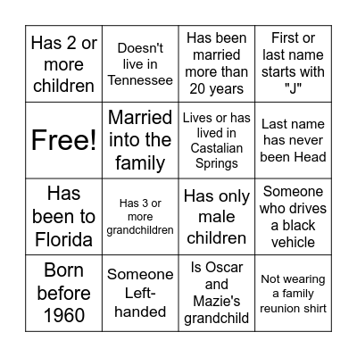 Family Reunion Bingo Card