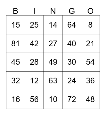 Toads Multiplication Road Bingo Card
