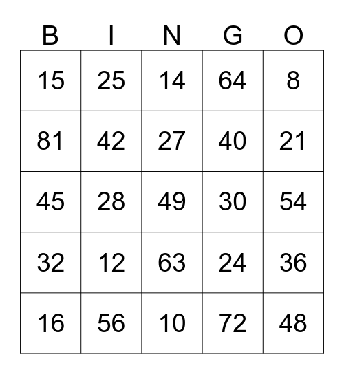 Toads Multiplication Road Bingo Card
