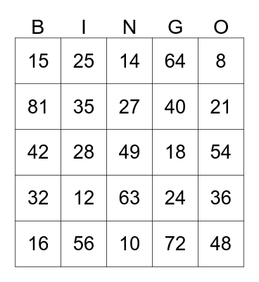 Toads Multiplication Road Bingo Card
