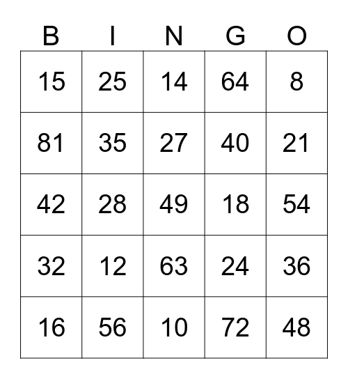 Toads Multiplication Road Bingo Card