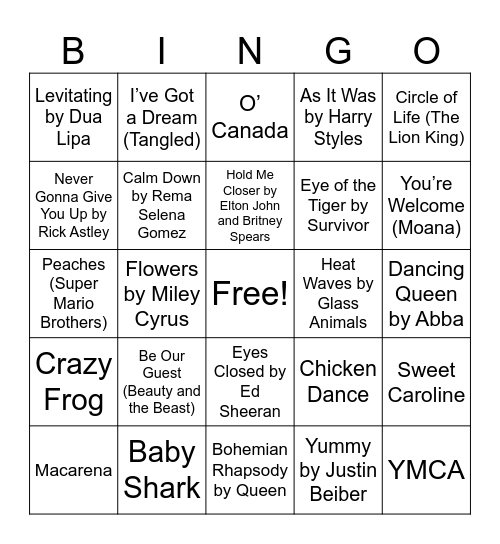 Music Bingo Card