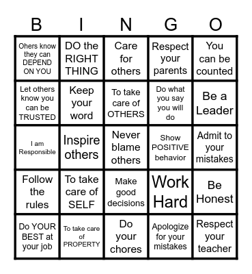 RESPONSIBILITY Bingo Card