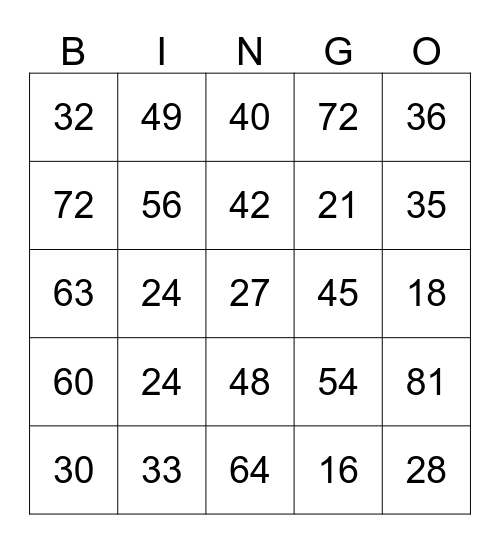 Toads Multiplication Road Bingo Card