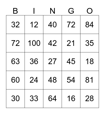 Toads Multiplication Road Bingo Card