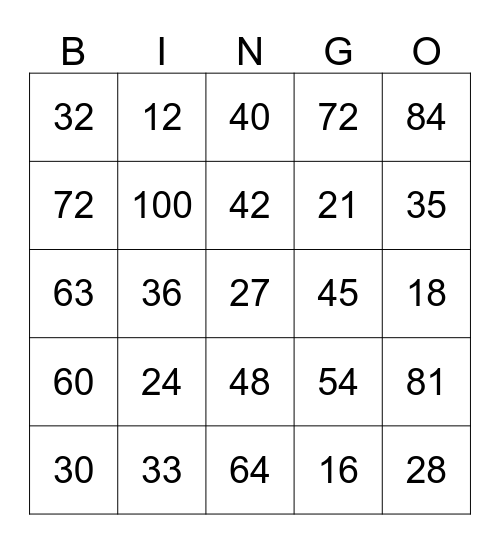 Toads Multiplication Road Bingo Card