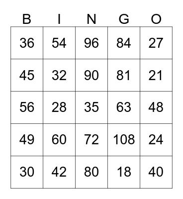 Toads Multiplication Road Bingo Card