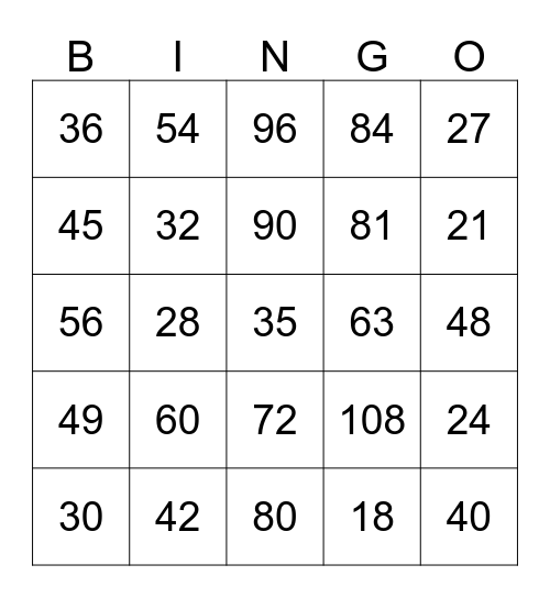 Toads Multiplication Road Bingo Card