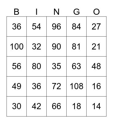Toads Multiplication Road Bingo Card