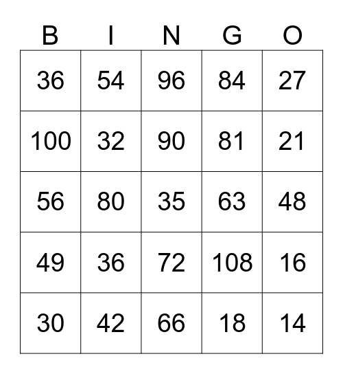 Toads Multiplication Road Bingo Card