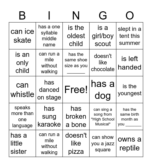 Getting to Know You Bingo Card