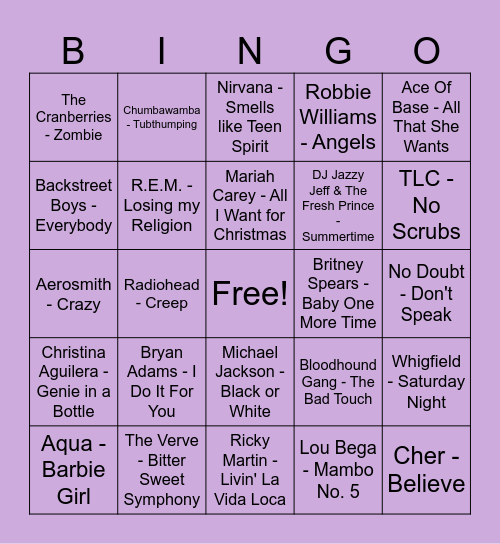 90's Bingo Card