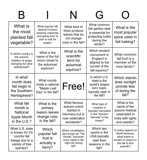 FALL TRIVIA Bingo Card