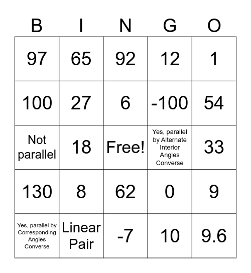 IM2-Mod 19 Parallel Lines cut by a Transversal Review Bingo Card